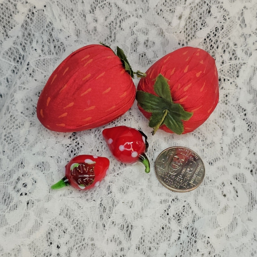 Fabric & Hand-Blown Mini Strawberries • Set of 2 Each • New Condition • Vintage